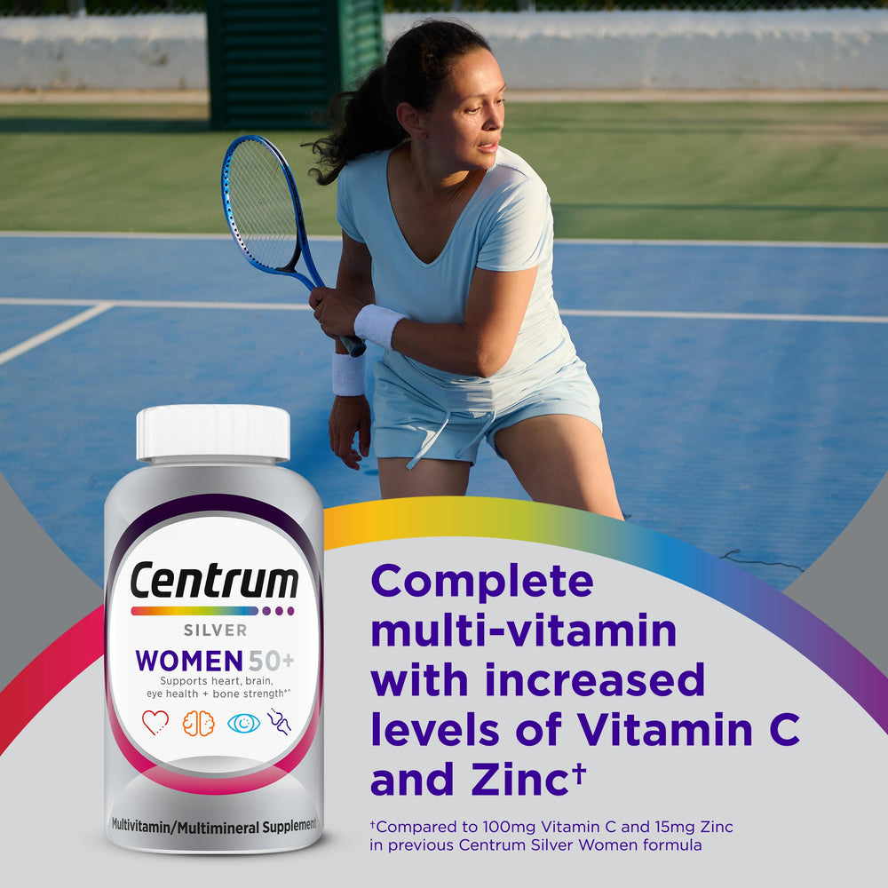 Centrum Silver bottle back lists ingredients and brain health benefits.