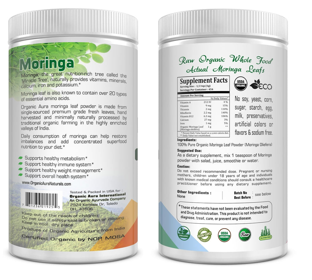USDA Organic seal on Moringa leaf powder packaging