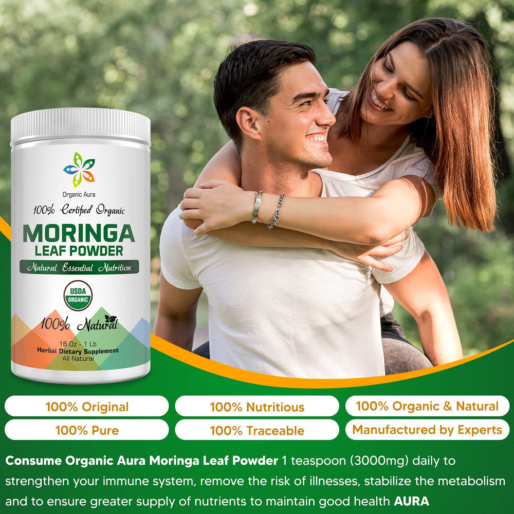 Whole moringa leaves and powder highlighting nutrition