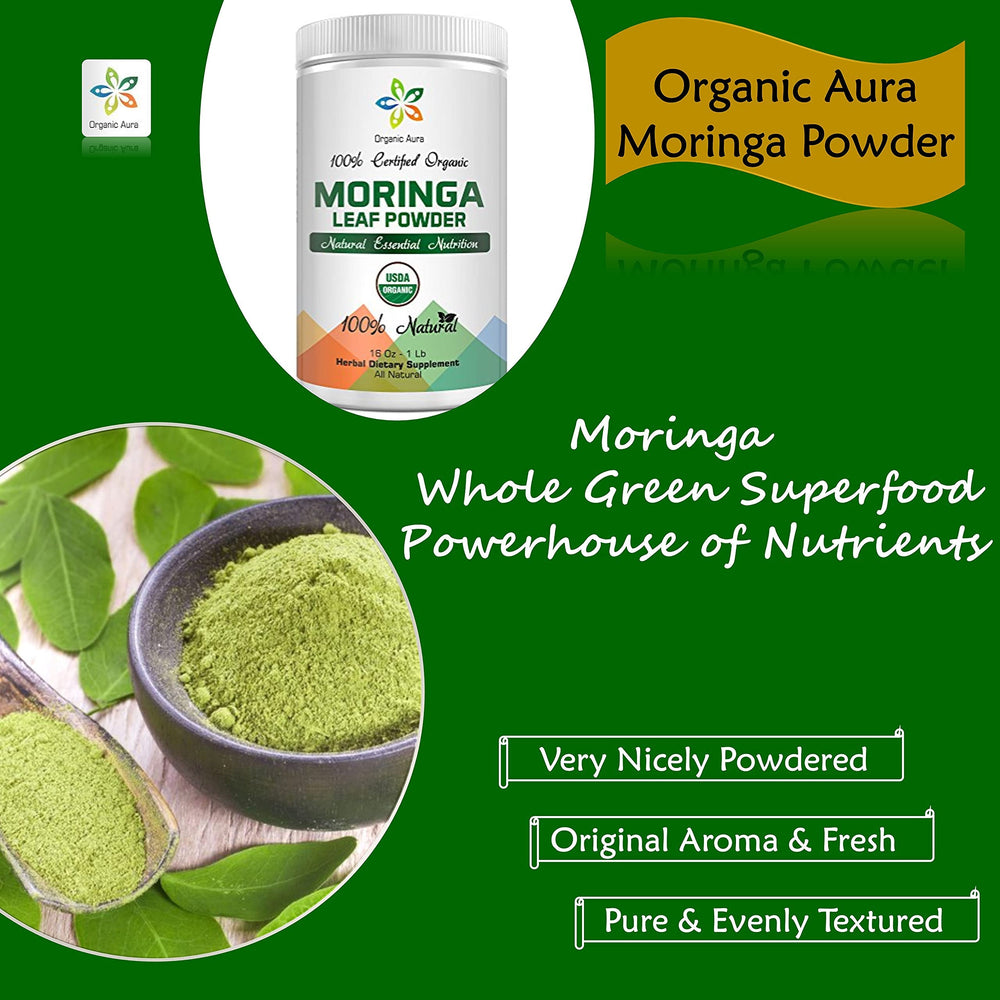 Ready-to-use moringa leaf powder with glass and spoon