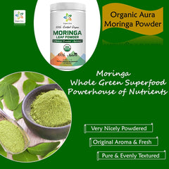 Ready-to-use moringa leaf powder with glass and spoon
