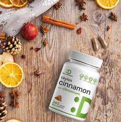 Front of bottle highlighting 2-in-1 cinnamon and chromium formula