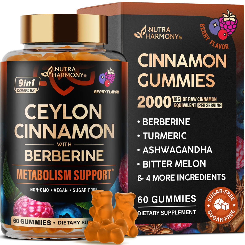 Ceylon Cinnamon Gummies bottle with berry flavor and 2000 mg cinnamon per serving