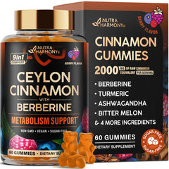 Ceylon Cinnamon Gummies bottle with berry flavor and 2000 mg cinnamon per serving
