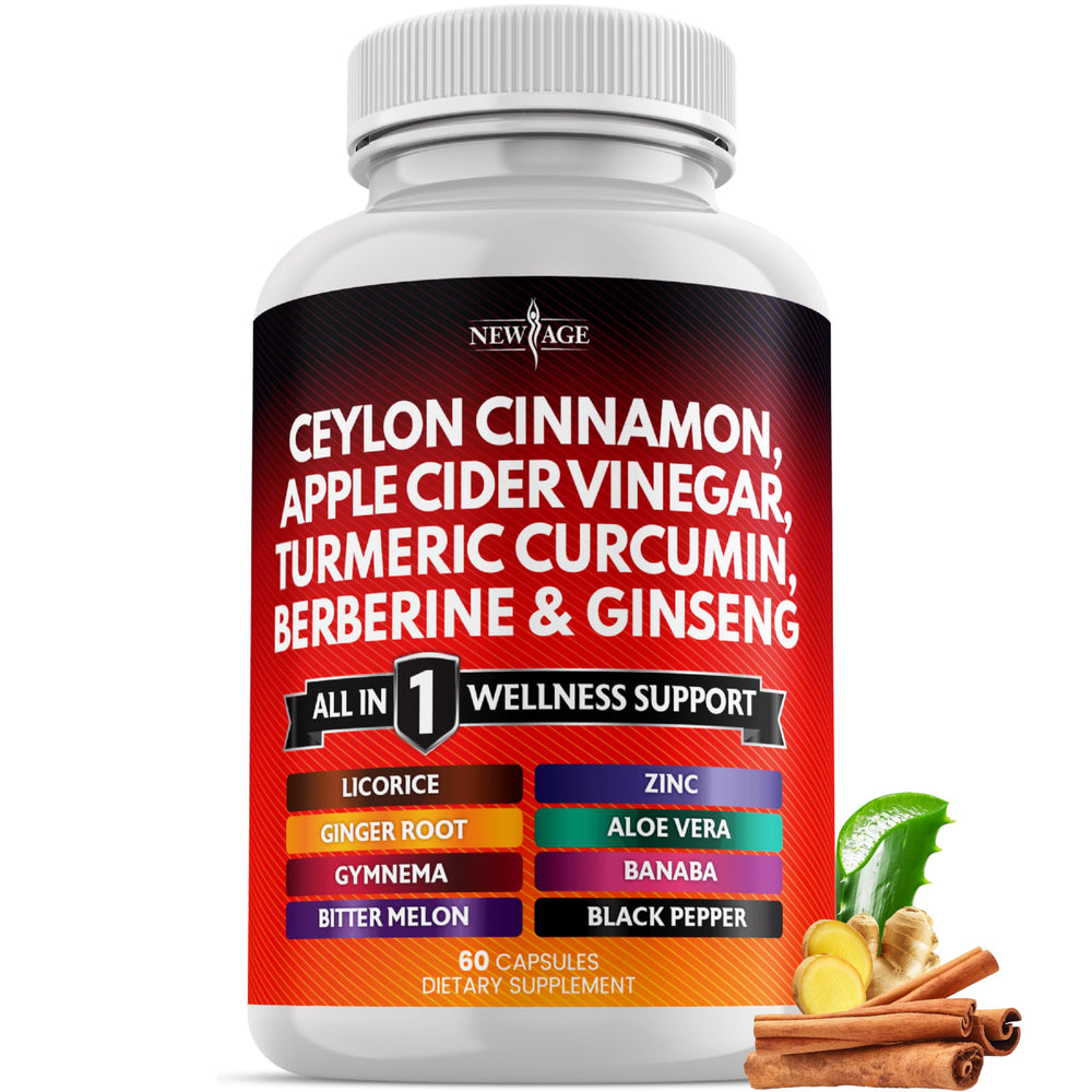 Bottle label showing All-in-One Ceylon Cinnamon Turmeric ACV Ginger Aloe Vera Berberine Banaba 60 Count