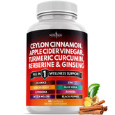 Bottle label showing All-in-One Ceylon Cinnamon Turmeric ACV Ginger Aloe Vera Berberine Banaba 60 Count