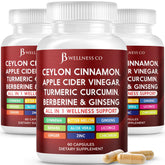 Hero image: Ceylon cinnamon, turmeric, ACV, ginger root, ginseng, aloe vera, berberine and banaba in 180 capsules