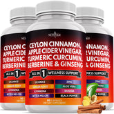 Bottle of Ceylon Cinnamon Turmeric Apple Cider Vinegar Ginseng Aloe Vera Berberine Banaba Ginger Root supplement - 180 count
