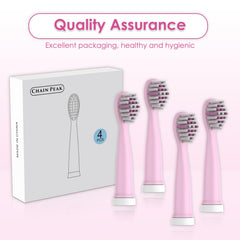 Product layout: four pink replacement heads with packaging