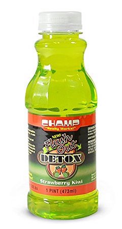 Close-up of Strawberry Kiwi flavor label on Champ Flush Out Detox Drink