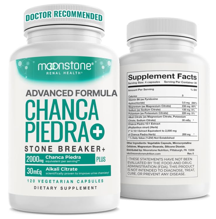 Front view of Chanca Piedra Stone Breaker Advanced Formula Kidney Cleanse Supplement bottle with 120 vegan capsules