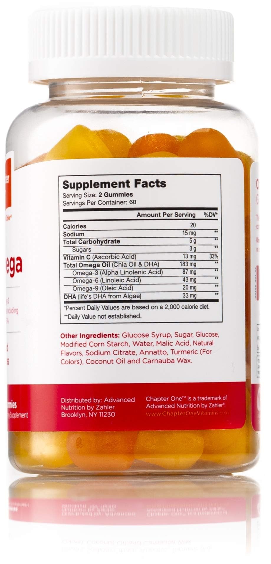 Back nutrition panel of Chapter One Omega Gummies bottle