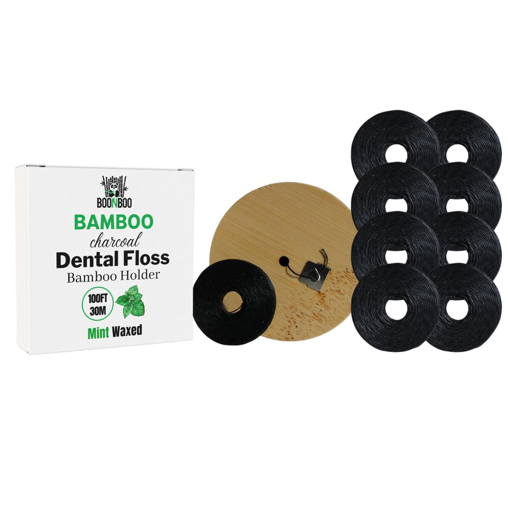 Charcoal dental floss with bamboo holder and 8-pack refill