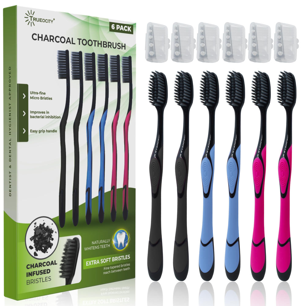 Charcoal toothbrush 6-pack with ultra-soft slim brush head and black handle