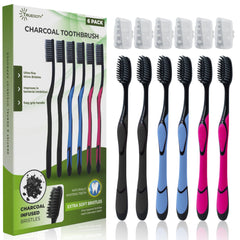Charcoal toothbrush 6-pack with ultra-soft slim brush head and black handle