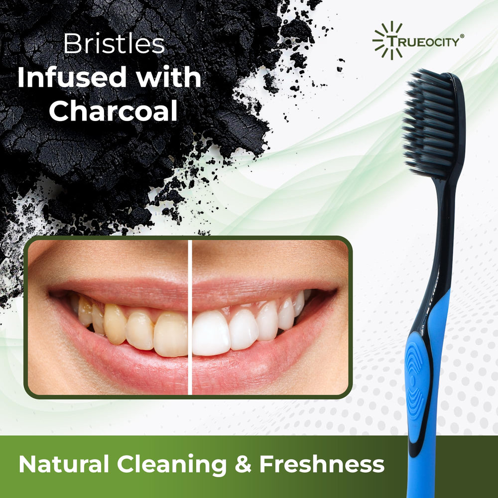 Close-up of ultra-soft bristles on charcoal toothbrush