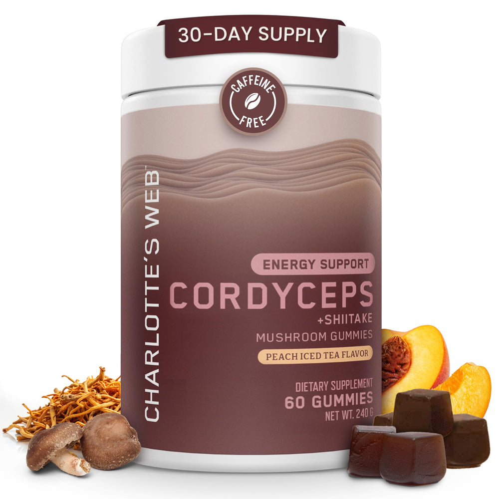 Charlotte's Web Energy Support Mushrooms gummies with peach iced tea flavor on front view