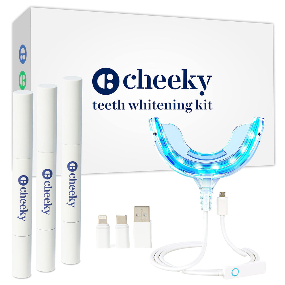 Cheeky LED Teeth Whitening Kit components including mouthpiece and gel