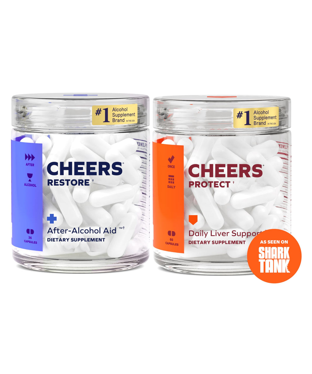 Cheers Liver Combo bottle showing Restore and Protect capsules