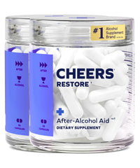 Cheers Restore bottle and 24-dose label on white background