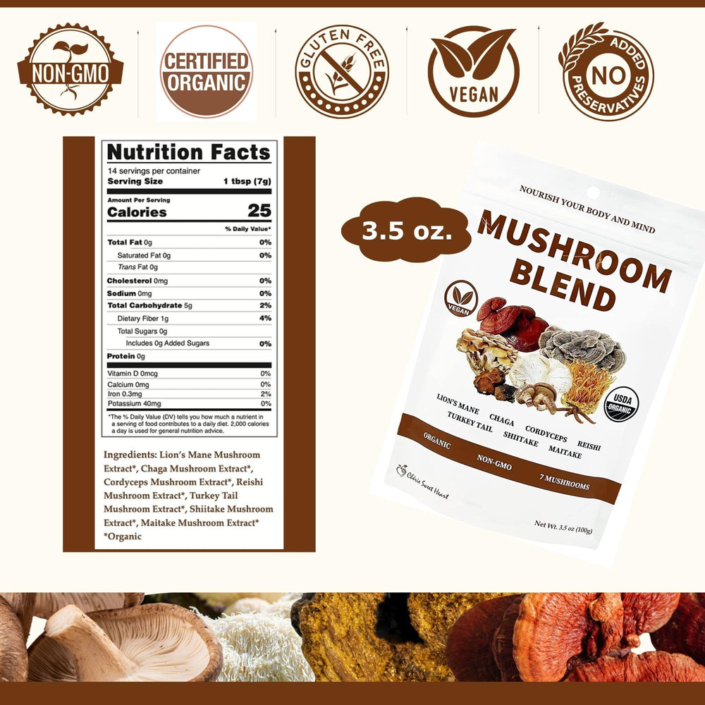 Packaging shot showing Cherie Sweet Heart 7 Mushroom Extract Powder