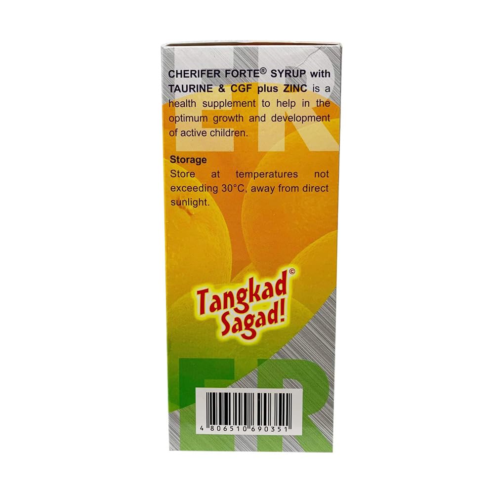 Label showing zinc, taurine and CGF on Cherifer Forte Syrup