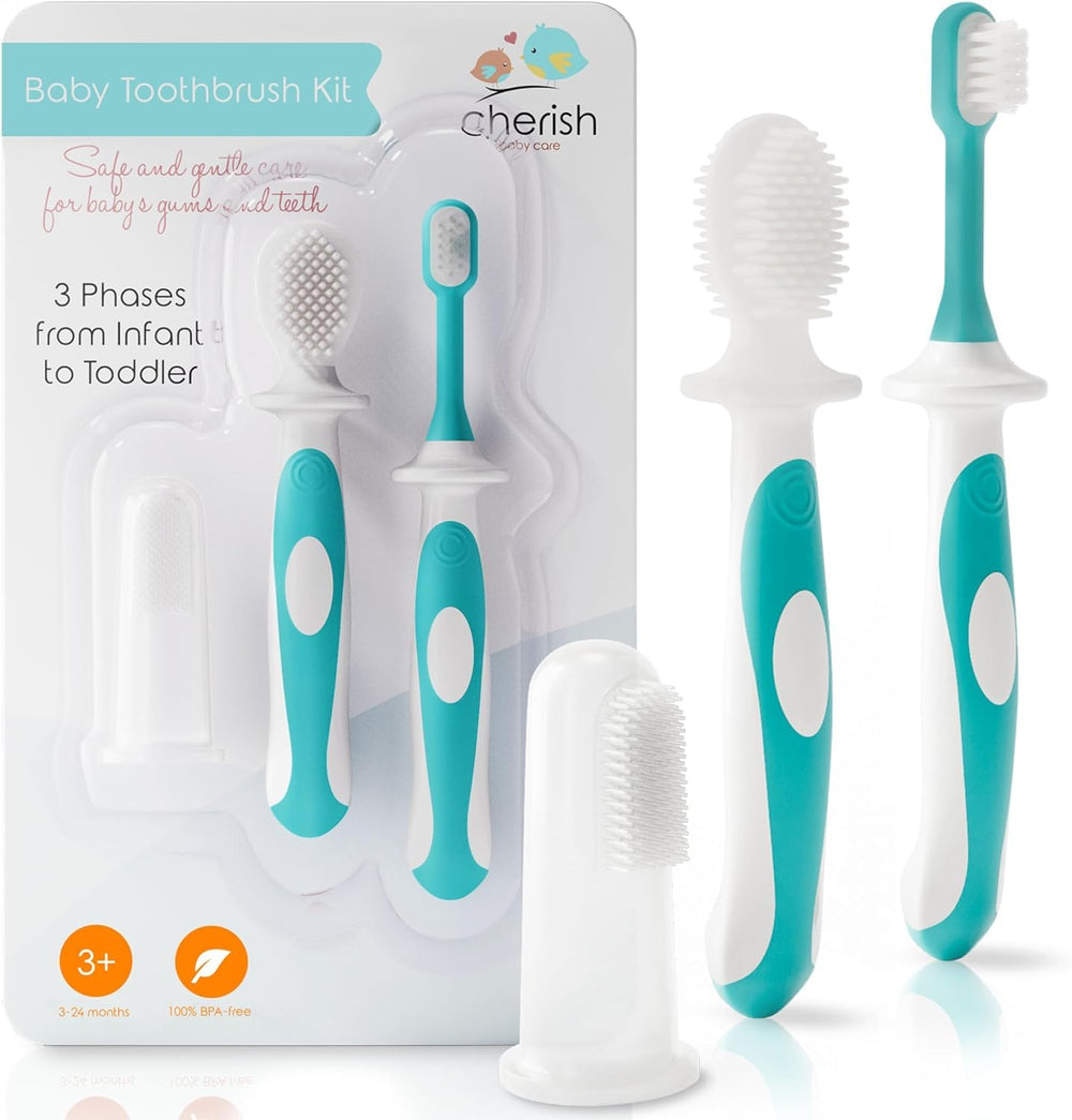 Cherish Baby Care teal 3-pack toothbrush set – front view