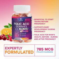 Cherry, orange and grape flavored folic acid gummies