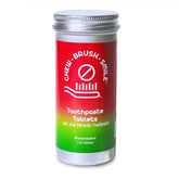 Chew Brush Smile Watermelon toothpaste tablets in aluminum canister — front view