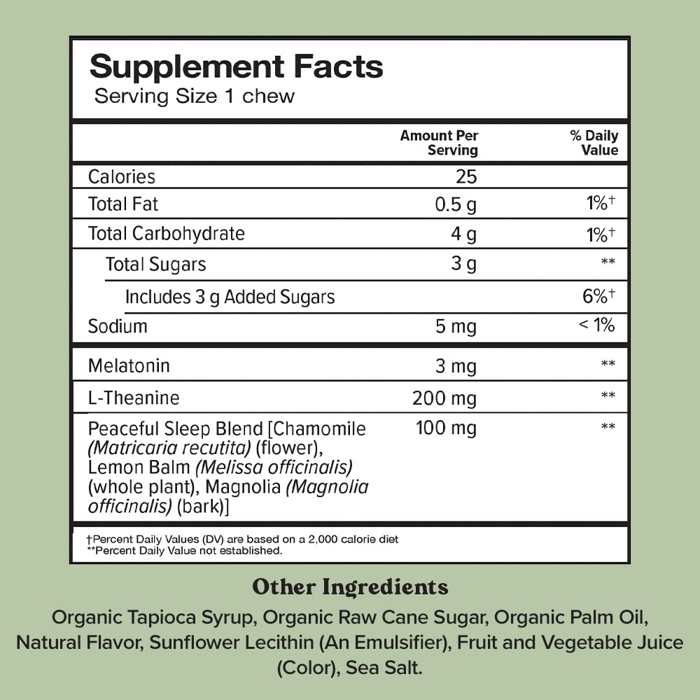 Chewsy Peaceful Sleep Chews packaging and bottle