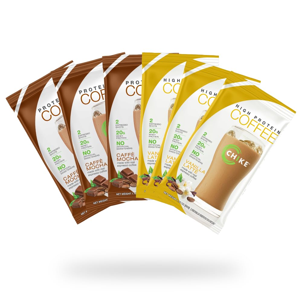 CHIKE sampler-pack box front for on-the-go protein coffee.