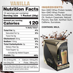 Close-up of CHIKE Vanilla Iced Coffee label showing 20g protein