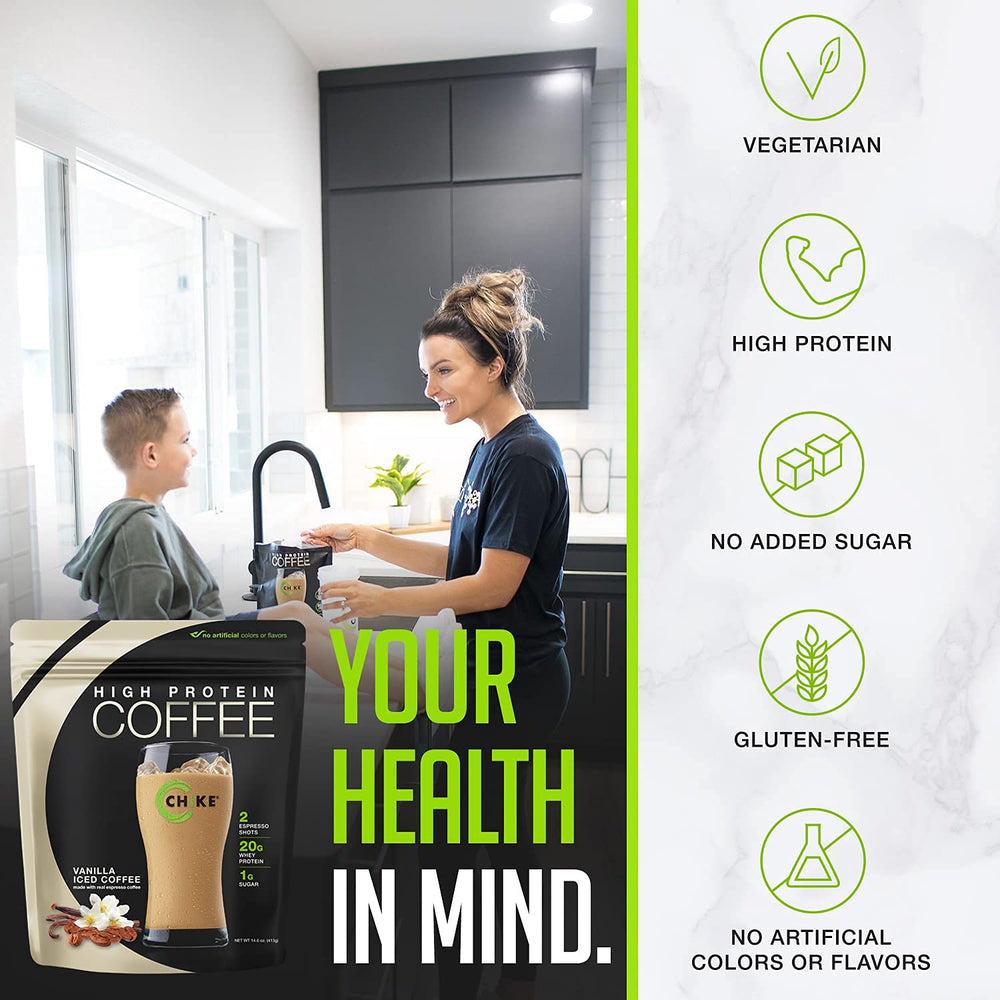 Real espresso imagery on CHIKE Vanilla High Protein Iced Coffee packaging