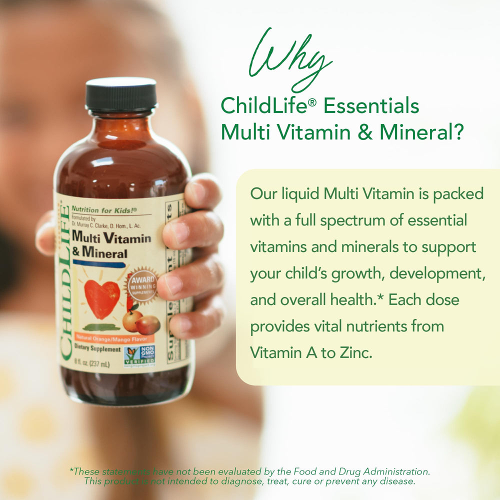 Nutrition facts panel on CHILDLIFE ESSENTIALS bottle