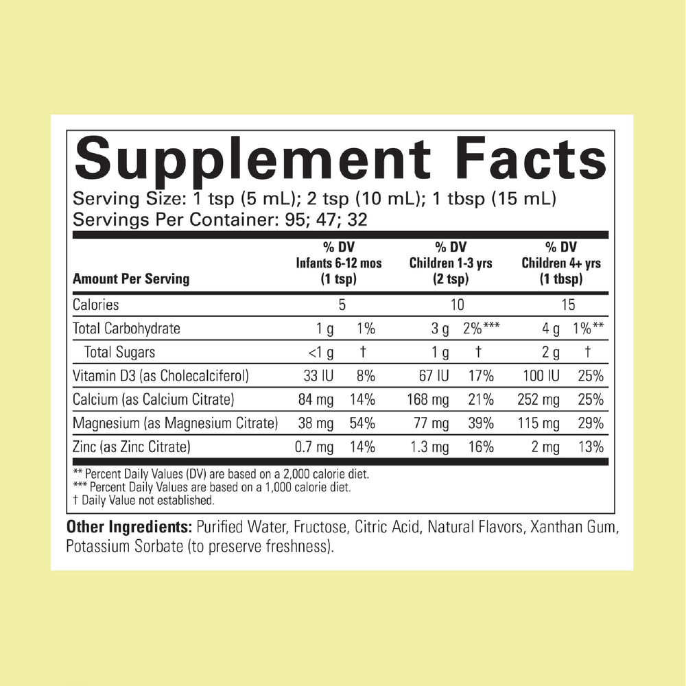 Close-up of bottle label showing calcium, magnesium, zinc and Vitamin D3