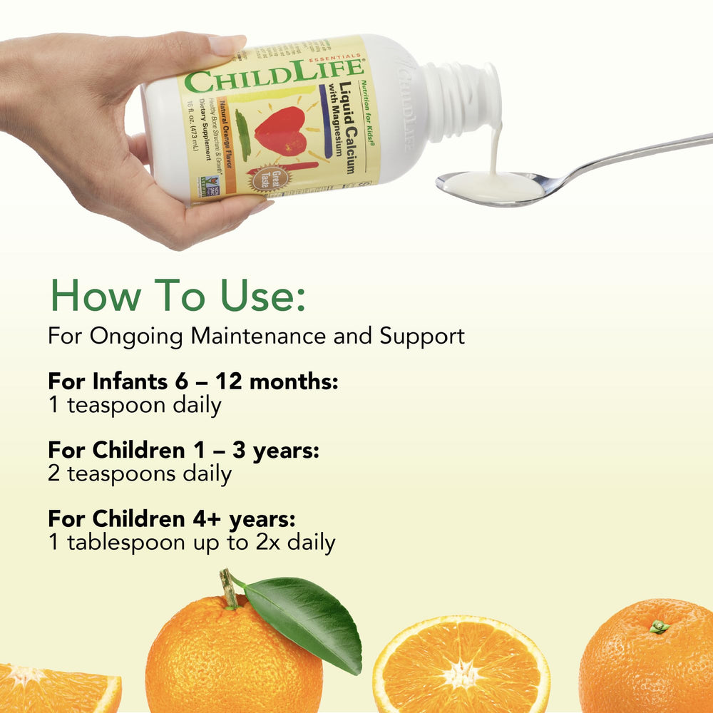 Dosing guide for CHILDLIFE ESSENTIALS calcium supplement for ages 6 months to teens