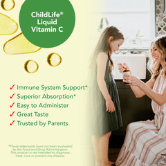 Ingredients and allergen-free certifications on CHILDLIFE Essentials Vitamin C bottle