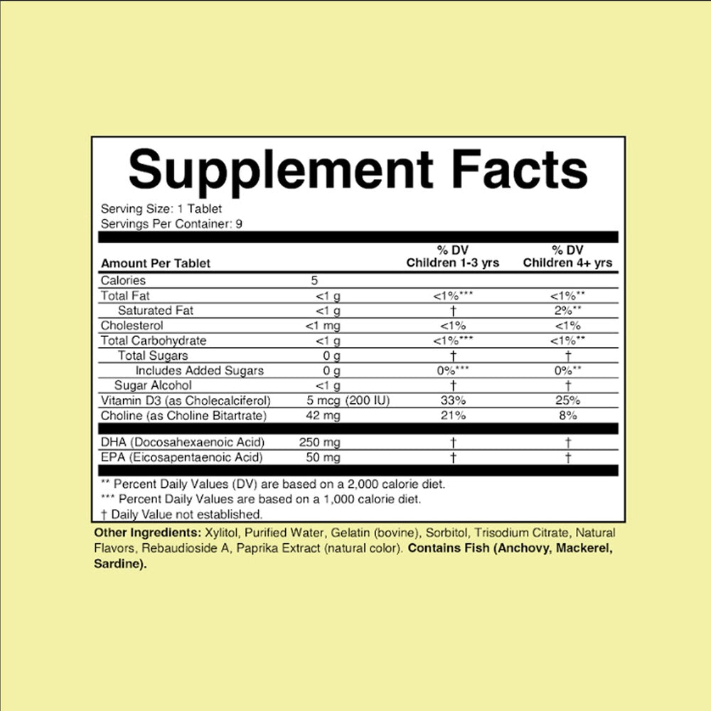 Packaging for CHILDLIFE ESSENTIALS Omega-3 DHA + Choline SoftChews