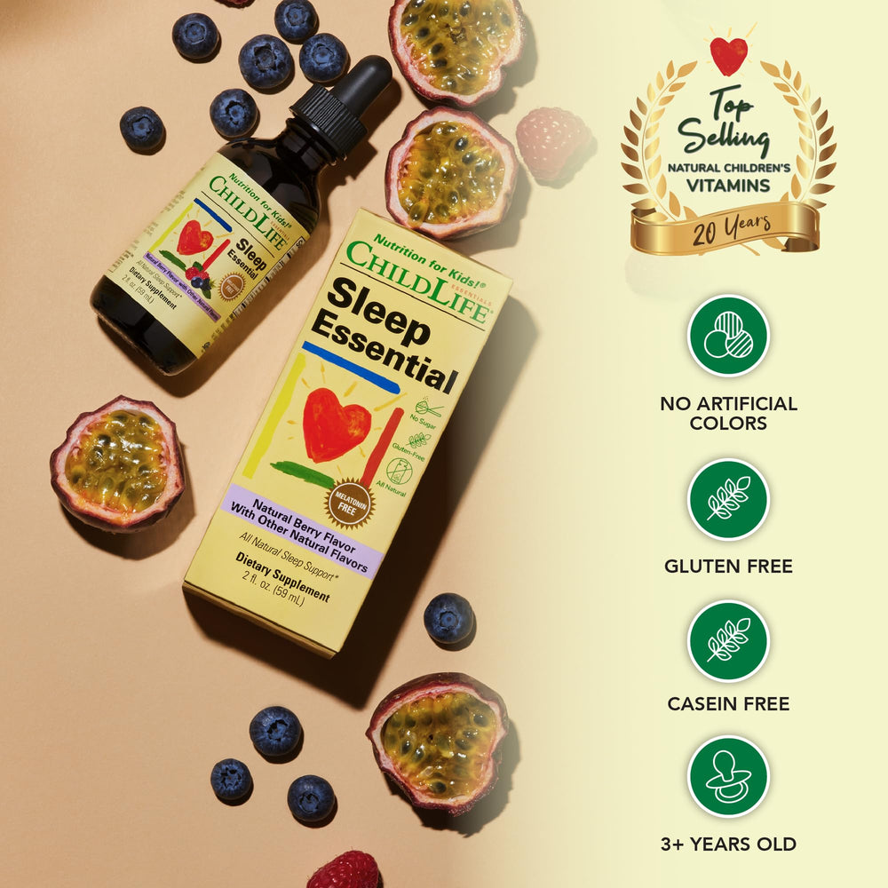 Graphic showing recommended dosages for ages 3-11 and 12+ for Sleep Essential