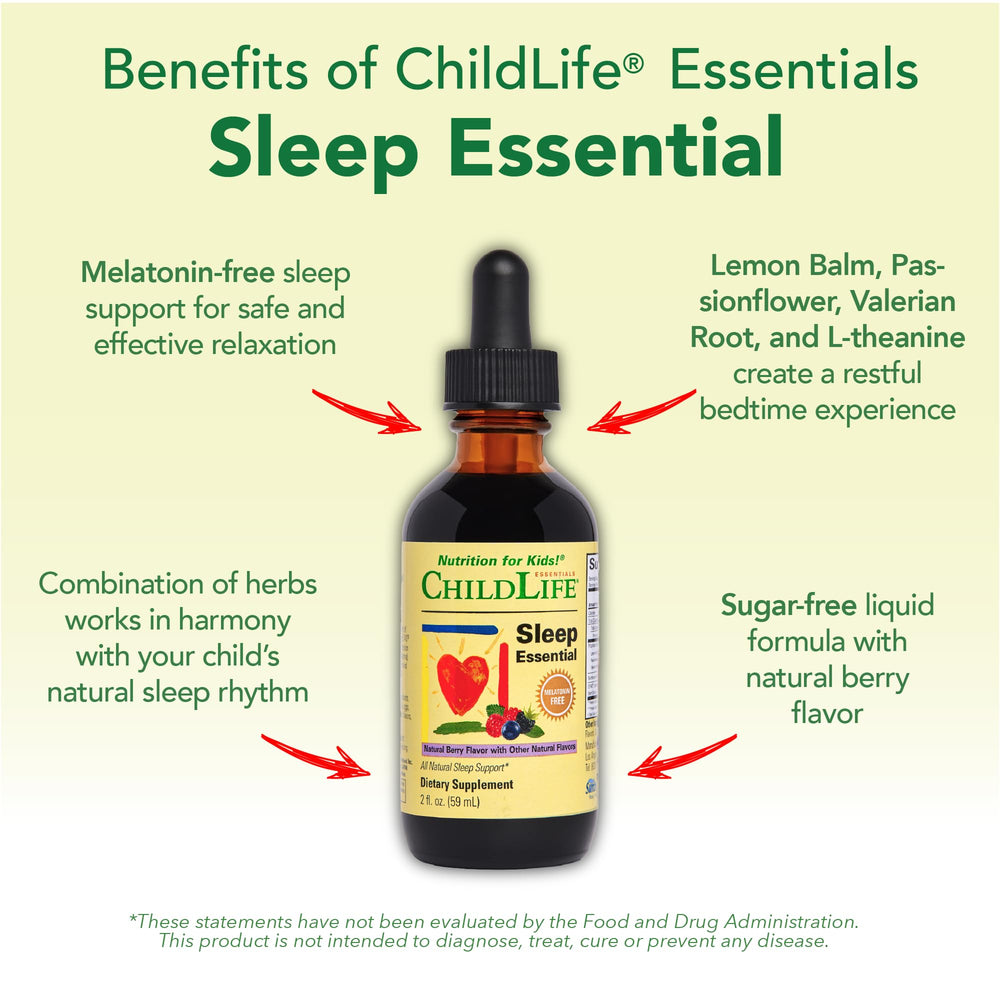 Close-up of pediatrician-approved label on Sleep Essential bottle