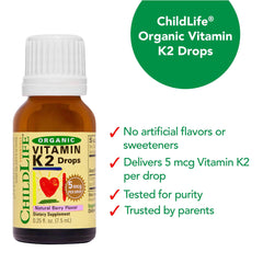 Dosage chart showing age-based Vitamin K2 Drops dosing