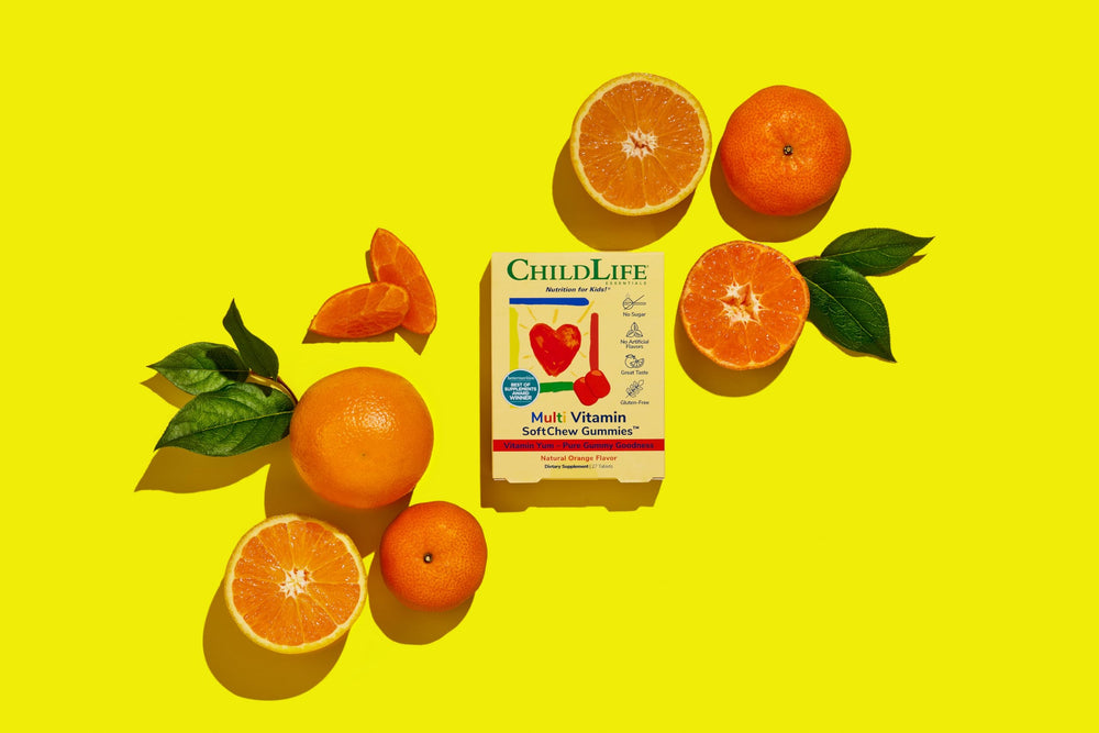 Natural orange flavor graphic with vitamin imagery