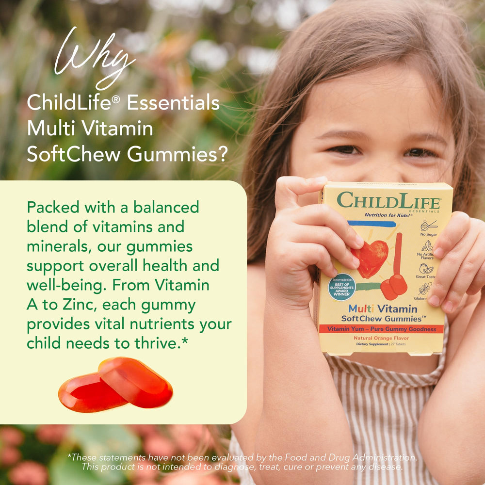 Gummies spilled from CHILDLIFE Essentials bottle on white background