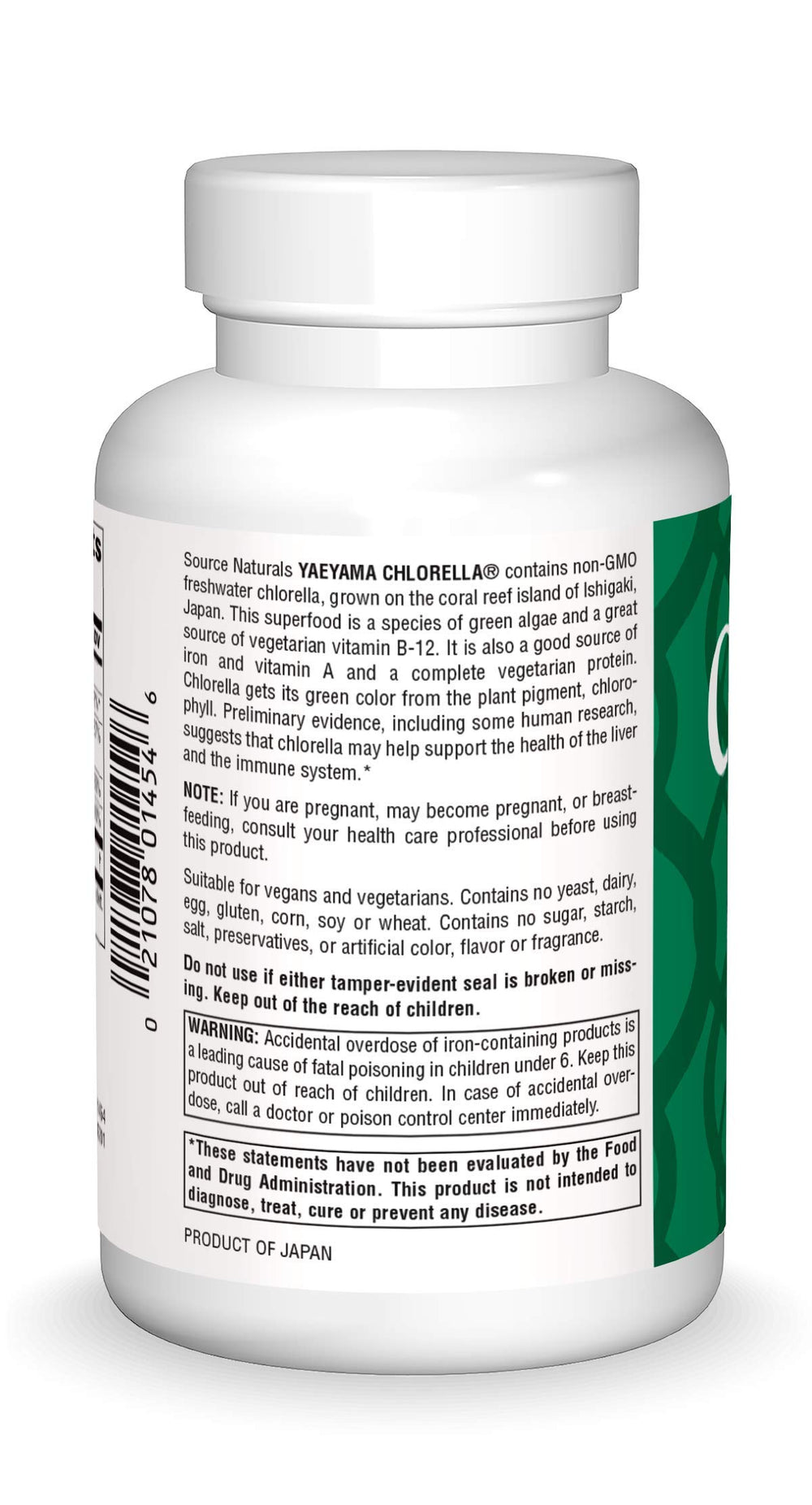 Chlorella green superfood tablets showing 200 mg per serving
