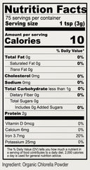 Chlorella powder gluten-free and non-GMO labels on packaging