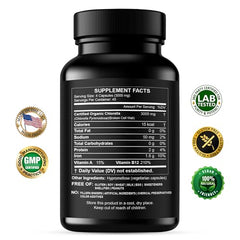 Back label with ingredients for Chlorella Capsules 3000 mg