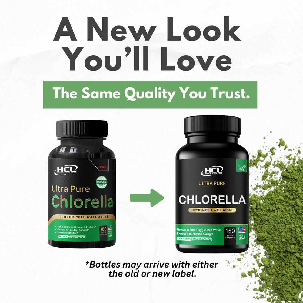 Chlorella capsules label with nutrition facts