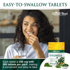 Chlorella tablets arranged in a row with natural light