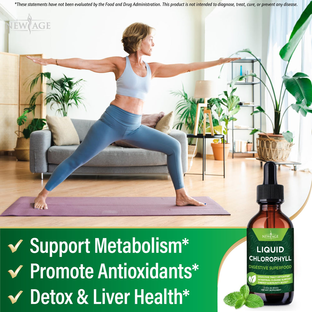 Pack of four NEW AGE Chlorophyll Liquid Drops bottles with label visible