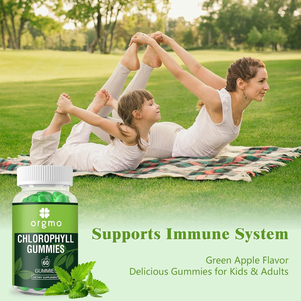 Lifestyle shot of a person taking a chlorophyll gummy during a wellness routine